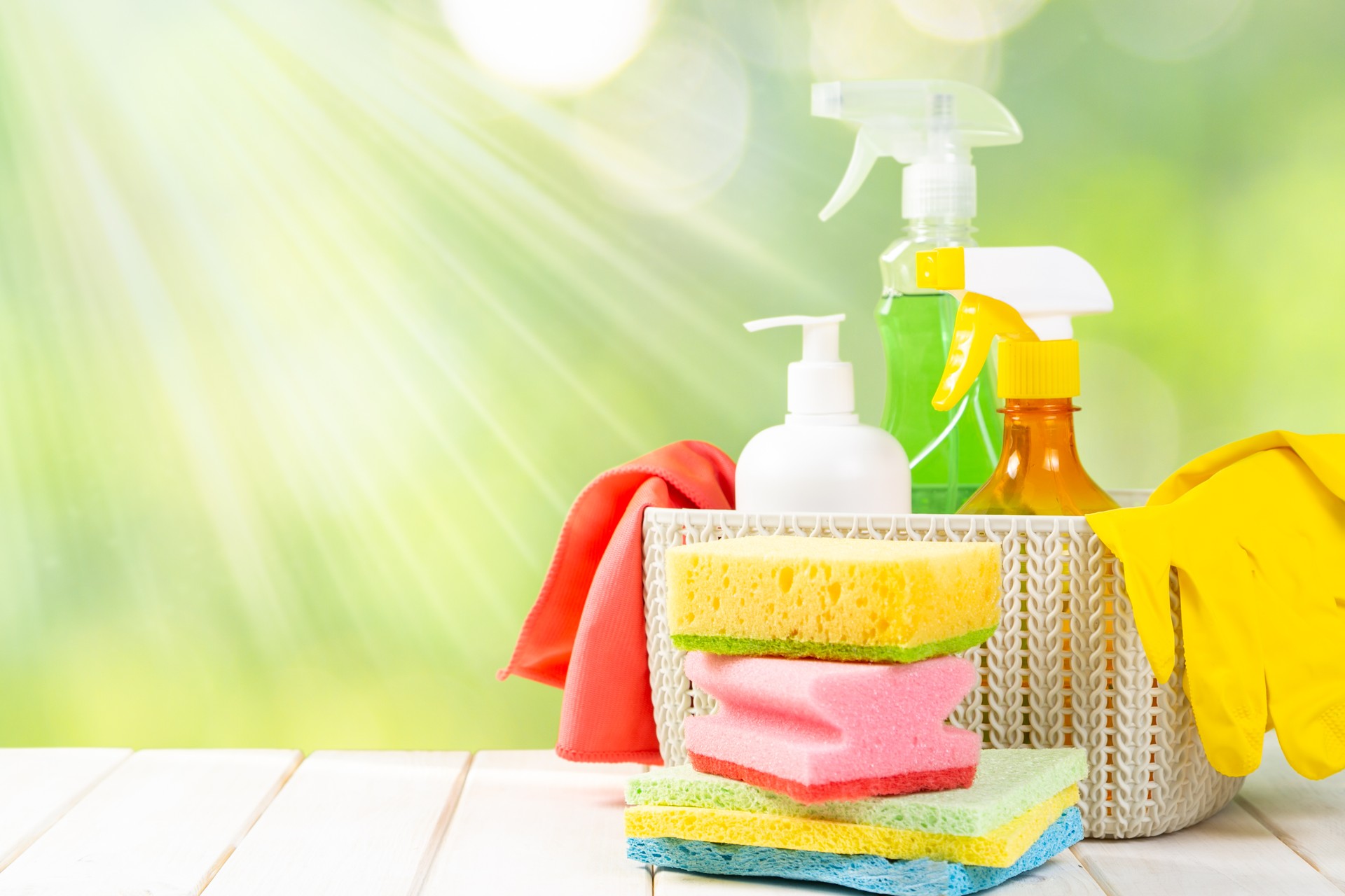 Spring cleaning concept - cleaning products, gloves