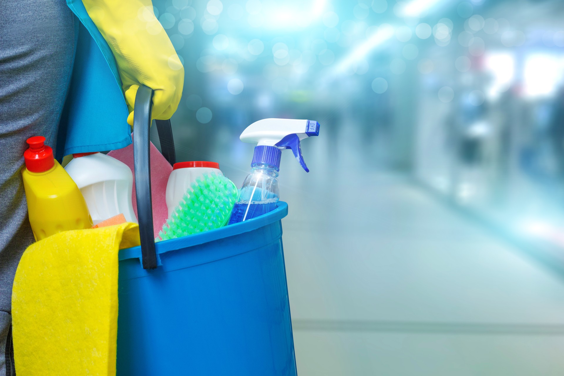 Cleaning lady with a bucket and cleaning products .